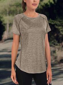Women's Solid Color Sports T-Shirt - Round Neck, Lightweight, Short Sleeve, Elastic Polyester Blend, Suitable For Spring & Summer, Dyed Loose Basic Style, Casual Half Sleeve Blouse - Brown - View 5