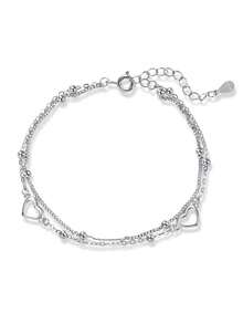 AETOLIA S925 Sterling Silver Double Layer Bracelet For Women Personalized Heart Design White Gold Plated Chain Adjustable - Silver - View 9
