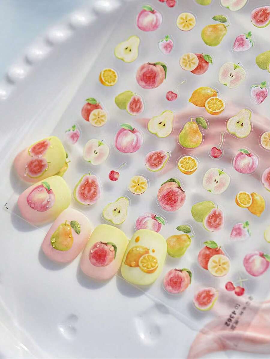 1pc 5D Nail Sticker, Sweet Pink Laser-Gloss Peach Fruit Nail Decal, Soft Embossed Self-Adhesive Nail Sticker, Cute Fruit Nail Art Slider. Nails - Multicolor - View 1