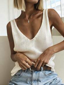 Áo dệt kim không tay cổ chữ V khoét rỗng xuyên thấu dành cho nữ | Áo hai dây dáng rộng | Thanh lịch, đa năng, phù hợp cho năm mới đến hè, thoáng khí, thích hợp cho tiệc tùng và mặc hàng ngày. - màu trắng ngà - Xem 1