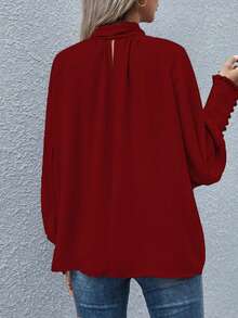 Áo kiểu nữ cỡ lớn thanh lịch, thường ngày/công sở, màu trơn, tay phồng, vạt bồng, dáng rộng, mùa xuân - Đỏ - Xem 3