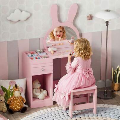 Kinder Schminktisch, Mädchen Frisiertisch Schreibtisch mit Hocker, Spiegel mit Hasenohren, 1 Schublade, 6 Ablagefächer und 1 offenes Fach, Schminktisch aus Holz für Kinder von 3 bis 12 Jahren