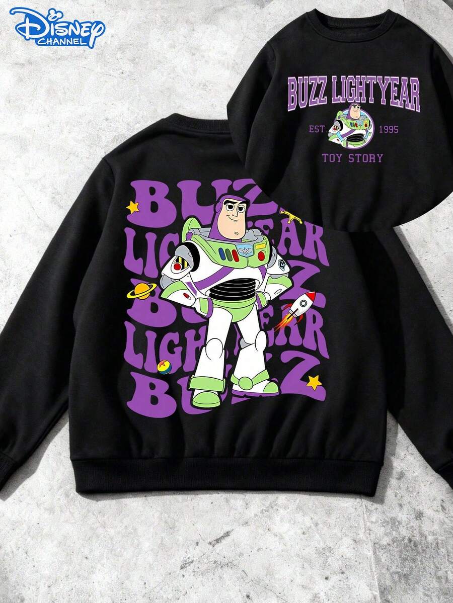 Disney Toy Story Double-Sided Letter Print Children's Round Neck Sweatshirt, Suitable For Boys' Daily Commutes, School And Casual Sportswear. Long-Sleeved Top Suitable For Holiday Parties, Outdoor Activities And Travel. - Black - View 1