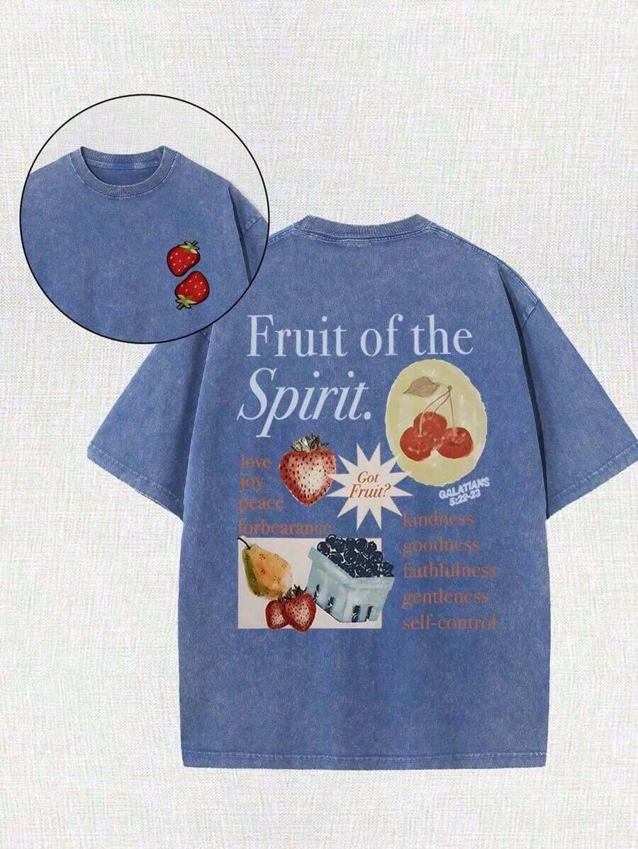 2026 Summer TopsWeStyle Hub Valentine's Day 1 PcsFruit Of The Holy Spirit Christian Faith Religious Printing Vintage Washed T-Shirt, 230G, Retro Street Style. Simple And Versatile, Pure Cotton Is Of High Quality, Novel And Fashionable, And It Is A Must-Have Fashion T-Shirt For Spring And Summer. 180g 100% CottonLoose And Comfortableshirt - 寶藍色 - 查看 1