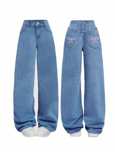 Teen Girl's Loose Fit Butterfly Print Denim Wide Leg Pants
