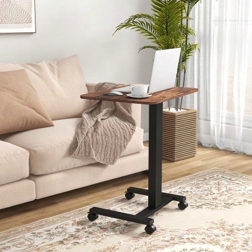 Height-Adjustable Laptop Table With 4 Casters, 2 Brakes, 65 Cm X 48 Cm X 108 Cm, With Crank Handle, Brake, Particleboard, Rustic Brown - Brown + Black - View 1