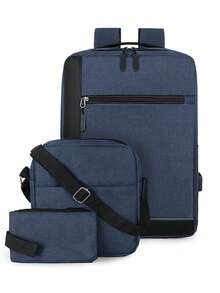 3-Piece Backpack Set, Minimalist School Bag, Colorful Backpack For Laptop, College Backpack, Work, Office - Blue - View 2