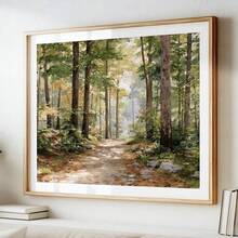 1幅装裱/未装裱绿色森林小径阳光北欧自然风景帆布海报林地乡村风景墙艺术印刷品简约农舍美学装饰画，适用于公寓、客厅、卧室、现代家居装饰 - A - 查看 1