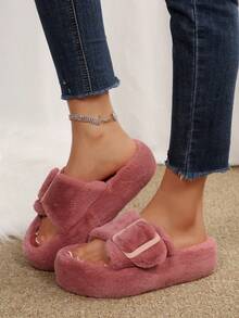 Women's Fluffy Platform Slippers – Cute Fuzzy Slides With Buckle Accent For Home & Casual Wear, Warm & Cozy Shoes - Màu Hoa hồng đỏ - Xem 5