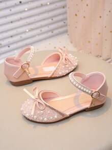 Girls' Glitter Dress Sandals, Low Heel Crystal Princess Flower Flat Shoes, Suitable For Weddings And Parties - Pink - View 3