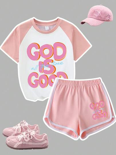 Cute Letter Print Round Neck Short Sleeve T-Shirt + Cute Letter Print Shorts, Girls Summer New Arrival Adorable Comfortable Set