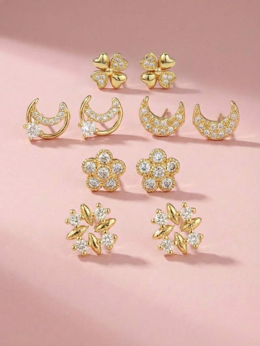 10pcs Set Cute Delicate Gold Plated Copper Cubic Zirconia Four-Leaf Flower Five-Leaf Flower Moon Stud Earrings Jewelry Set, Daily & Holiday Earrings Accessories - Gold - View 1