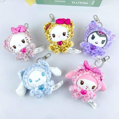 SANRIO 1 pieza Colgante de muñeca de peluche con estampado de leopardo, lindo dije para bolso, adorno colgante adorable, regalo festivo