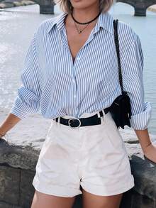 Áo sơ mi nữ cỡ lớn tay dài kẻ sọc cài một hàng khuy, kiểu dáng thường ngày, thích hợp cho kỳ nghỉ. - Màu xanh lam - Xem 1