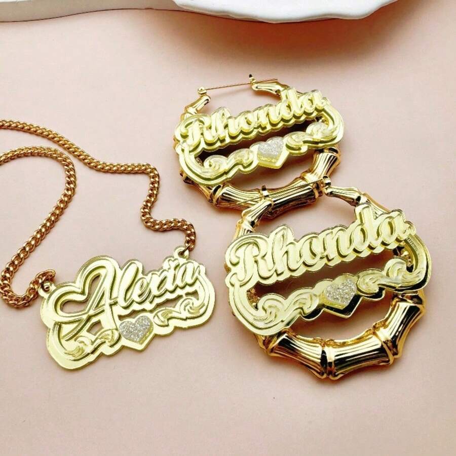 [Customization] 2 Pieces Set Of Customized Acrylic Name Earrings/Necklaces With Shiny Heart-Shaped Design, Personalized Double-Layer English Letter Name Women's Pendant/Earrings, Perfect For Parties And Birthday Gifts, Women's Jewelry Set, Cuban Chain - Multicolor - View 1