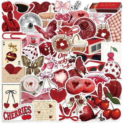 50pcs Red Lucky Stickers, Cherry Aesthetic Stickers, Y2K Stickers, Y2K Downtown Stickers, Y2K Gifts, Retro Stickers, 90s Stickers, Waterproof Vinyl Stickers For Envelopes, Water Bottles, Computers, Laptops, Phones, Luggage, Notebooks, Fridges
