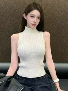 Chaleco sin mangas de punto blanco para mujer, diseño de prenda exterior ajustada con estilo francés - Albaricoque - Ver 3