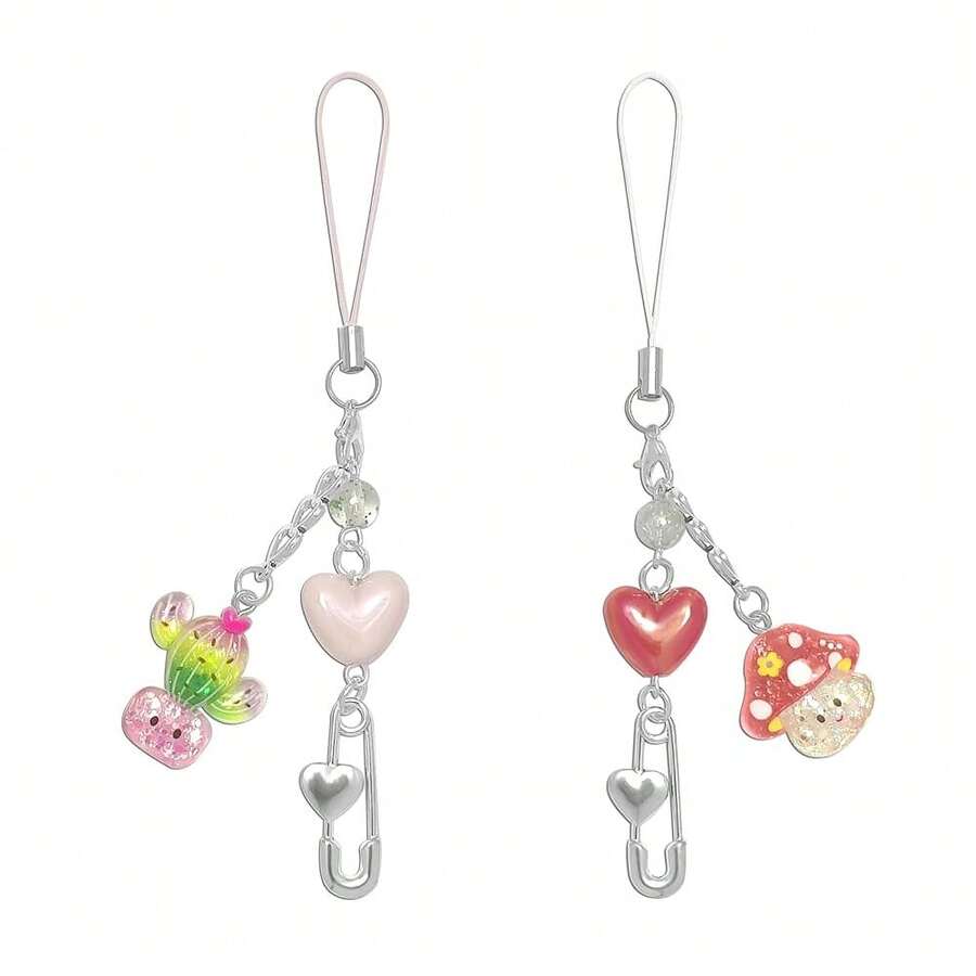 Y2K Cute Phone Charms Set - Aesthetic Cherry,Flower, Butterfly & Star Cell Phone Straps, Kawaii PhoneAccessories For Bag Keychain, , Camera Decor - Red & PinkHeart - View 1