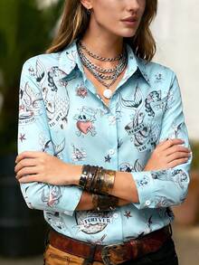 Áo sơ mi cài cúc in hình nàng tiên cá màu xanh dương, áo dài tay màu xanh dương đa năng, trang phục nữ đi nghỉ mát. - Màu xanh lam - Xem 2