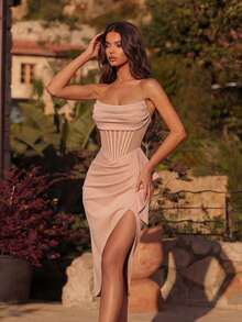 ADYCE Elegant Strapless Hollow Lotus Leaf Satin Front Slit Backless Mid-Length Dress, Suitable For Balls, Birthday Parties, Galas, Dates, Homecoming, Wedding Guests, Cocktail Parties, Family Gatherings And Other Occasions - Flesh Color - View 5