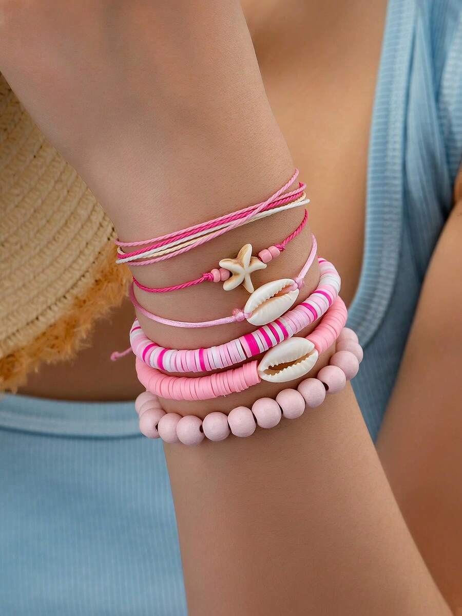 Set de 6 piezas de pulseras bohemias con cuentas, rodajas de silicona de colores, estrellas de mar y conchas de color turquesa rosa para mujeres - Multicolor - Ver 1
