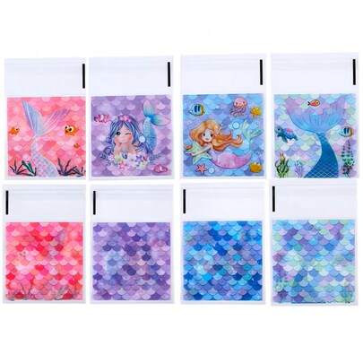 50个/包 可爱美人鱼图案 自粘透明彩色OPP可重复密封袋，适用于展示和包装各种手工艺品和小物件，4种印刷颜色可选