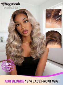 MEGALOOK Fashionable Ombre Long Curly Human Lace Wig - Multicolor - View 1