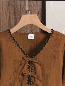 Left Mama Conjunto de blusa de manga larga y falda con decoración de lazo elegante y minimalista para niñas, para primavera/otoño - Marrón - Ver 3
