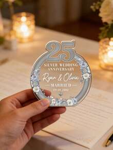 Personalized Custom Silver Wedding Anniversary Acrylic Plaque​ – 10.8cm/4.25in High, 10cm/3.94in Wide, 1cm/0.4in Thick Clear Acrylic Ornament Engraved With Couple Names (E.G., "Ryan & Olivia") And Wedding Date (E.G., "MARRIED 09.09.2000"). Features A Delicate Floral Wreath And Elegant "SILVER WEDDING ANNIVERSARY" Text. - Multicolor - View 2