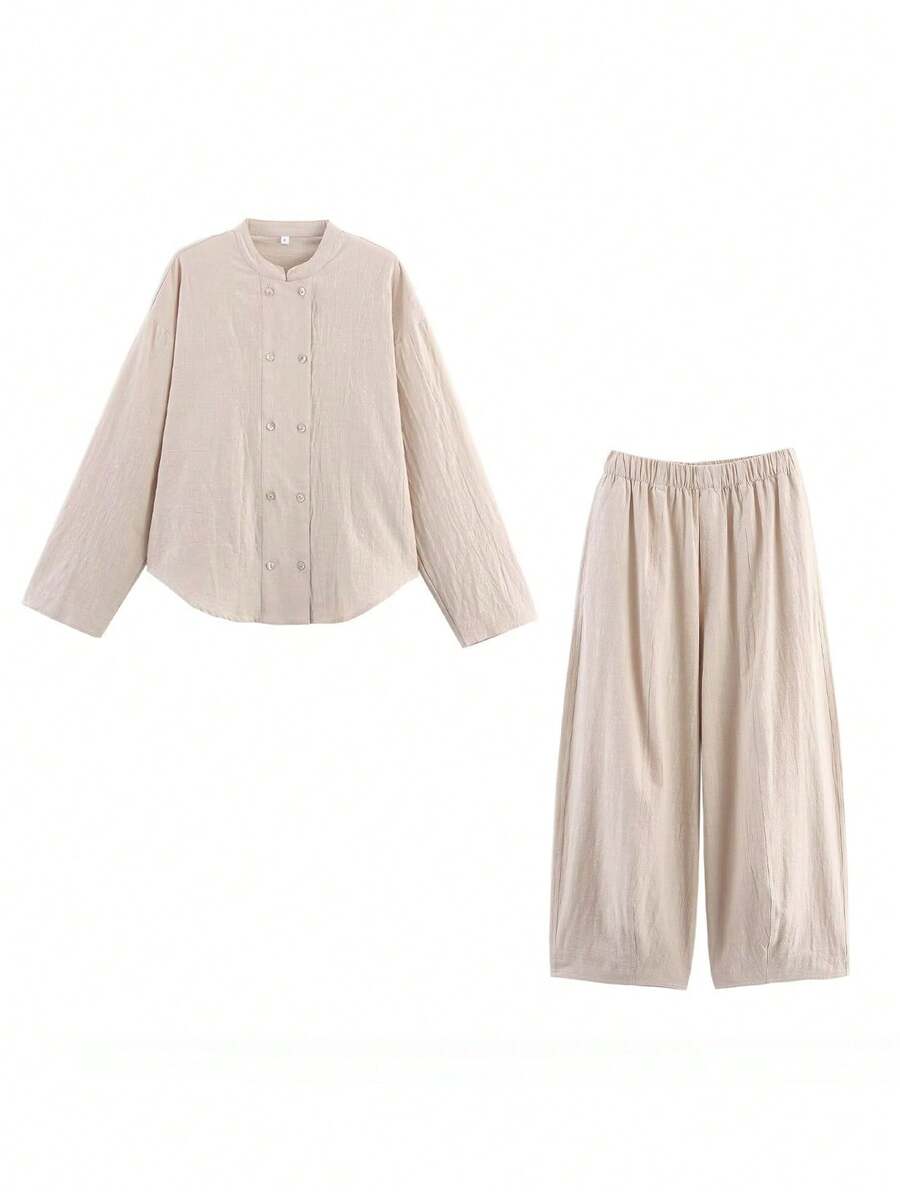 Women's Autumn Fashion Casual Versatile Commute/Business Casual/Minimalist Elegant Vintage Linen Blend Double-Breasted Shacket + Fashionable Casual Loose Wide-Leg Pants 2-Piece Set - Apricot - View 1
