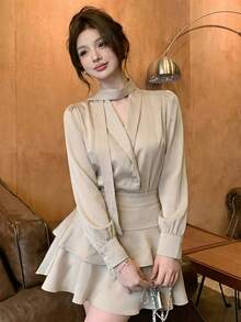 2pcs Satin Blouse And Cake Skirt Set, Elegant Lady Style, Spring/Autumn - Apricot - View 1