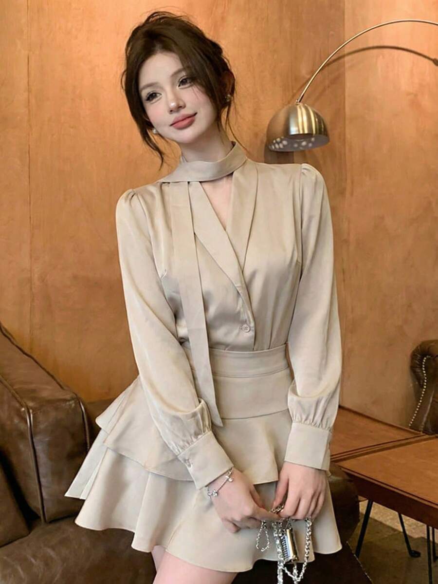 2pcs Satin Blouse And Cake Skirt Set, Elegant Lady Style, Spring/Autumn - Apricot - View 1