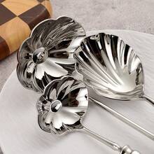 高级酒店级304不锈钢贝壳形汤匙，加厚长柄莲花造型汤勺 - 銀色 - 查看 2