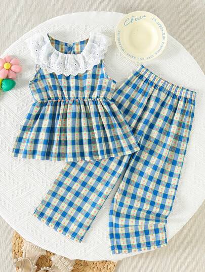 2pcs/Set Girls' Blue Plaid Ruffle Collar Vest Top And Straight Pants Set | Casual Shirt Outfit, Designed For Toddler Girls, Suitable For Daily Outings And Vacations, Spring/Summer Series, Suitable For Outdoor Activities