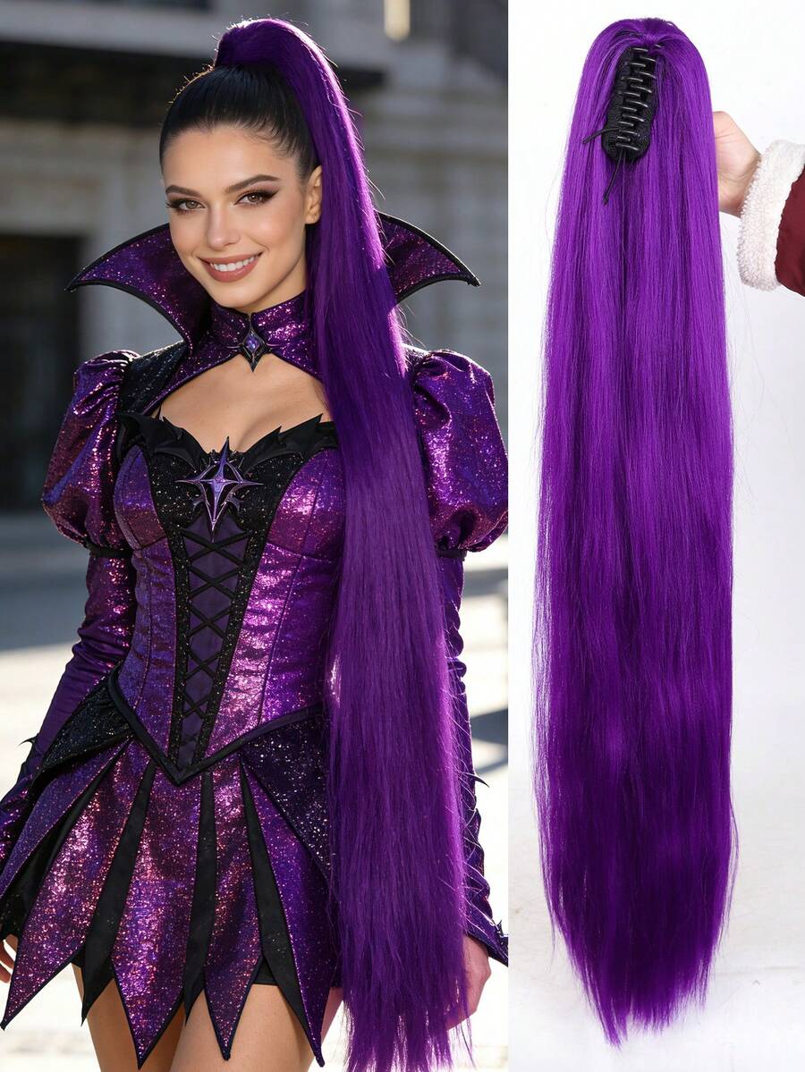 28/26英寸合成纤维紫色编织假发，带夹式马尾接发，适合角色扮演、万圣节、圣诞节等场合。 - 彩色 - 查看 1