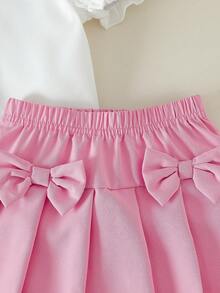 Conjunto de 2 piezas para bebé niña con blusa de manga abullonada con cuello y puños con volantes, y falda plisada con doble lazo, elegante y versátil para uso diario, fiestas y salidas, primavera/verano - Multicolor - Ver 7