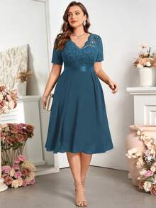 V-Neck Ruffle Lace Print Chiffon A-Line Swing Dress, Semi-Formal Party Dress, Suitable For Valentine's Day, Summer, Birthday, Graduation, Back To School - Dusty Blue - View 9