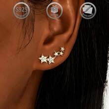 1 Pair Stylish 925 Silver Pentagram Stud Earrings For Women, Suitable For Daily, Party, Holiday, Date, Gift - Gold - View 7