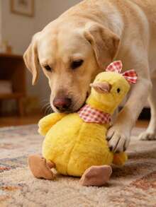 1pc Duck Shaped Squeaky Chew Toy, Durable Teething Toy, Cute Yellow Bow Tie Duck Toy, Yellow & Orange Plaid Bow Toy, Interactive Chewing Toy, Interactive Squeaky Pet Toy, Dental Cleaning Chew Toy, Suitable For Small/Medium/Large Dogs, Provides Mental Stimulation & Entertainment, Helps With Teething, Satisfies Curiosity, Offers Companionship & Fun, Helps Relieve Pet Anxiety & Stress - Multicolor - View 5