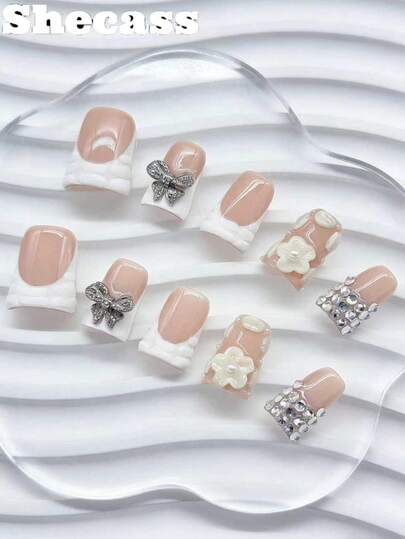 Shecass 10片装手工按压式美甲贴片，杏仁形甲片，3D法式猫眼花朵图案，附赠3件美甲工具和指甲胶水，秋季美甲用品，适合女性和女孩参加派对、旅行、日常上学、夏季美甲、度假、音乐节等场合。