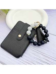Silicone Beaded Bracelet Wristband With PU Leather Mini Wallet - Vintage Tassel Card Holder Keychain, Holds ID Credit Business Card, Perfect Gift For Women Birthday Christmas Thanksgiving Vacation - Black - View 3