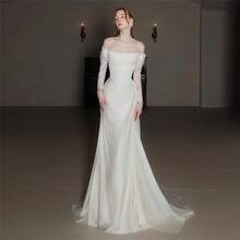 Elegant Sexy Off Shoulder Long Sleeves Mermaid Satin Formal Bridal Dress Registration Wedding Dress For Bride,Bridal Fashion,Evening Party Dress Bridal Gowns,Romantic Church Ceremony Wedding Dress,Suitable For Wedding,Party,Singles' Party,Vacation,Bride,Formal Occasions,Dinner Dress,Prom Dress,Homecoming Dress,Cocktail Party - 白色 - 查看 6