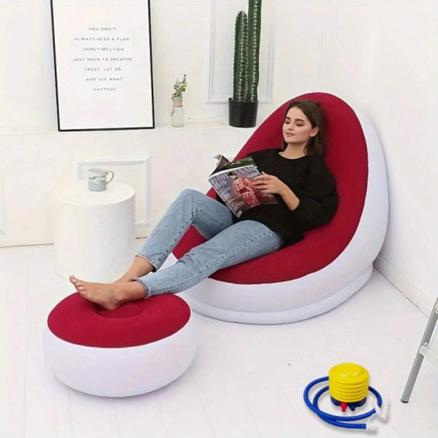 Inflatable Lounge Chair For Adults With Inflatable Pump, Folding Portable Lazy Sofa With Foot Stool Lazy Flocking Recliner Chair Air Couch Sofa For Indoor Livingroom Gaming Bedroom Office Balcony, Outdoor Travel Camping-Red - 紅色 - 查看 1