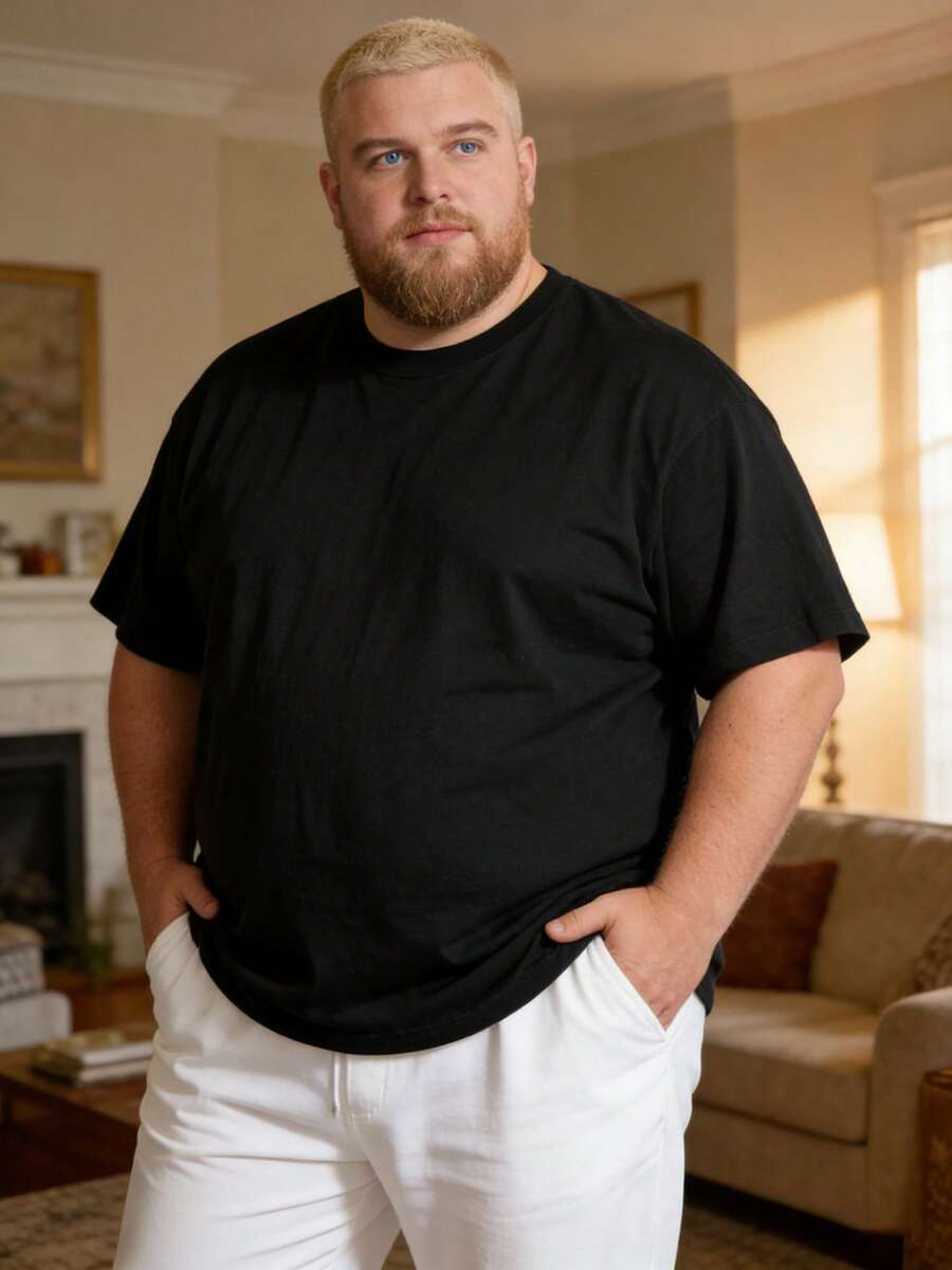 1PC  Plus Size Men Clothes 100 Percent Cotton Summer Clothes Big And Tall Men Streetwear Plus Size Men Solid-Colored T-Shir Summer Tops Perfect For Pairing With Jeans, Sweatpants Or Shorts - 黑色 - 查看 1