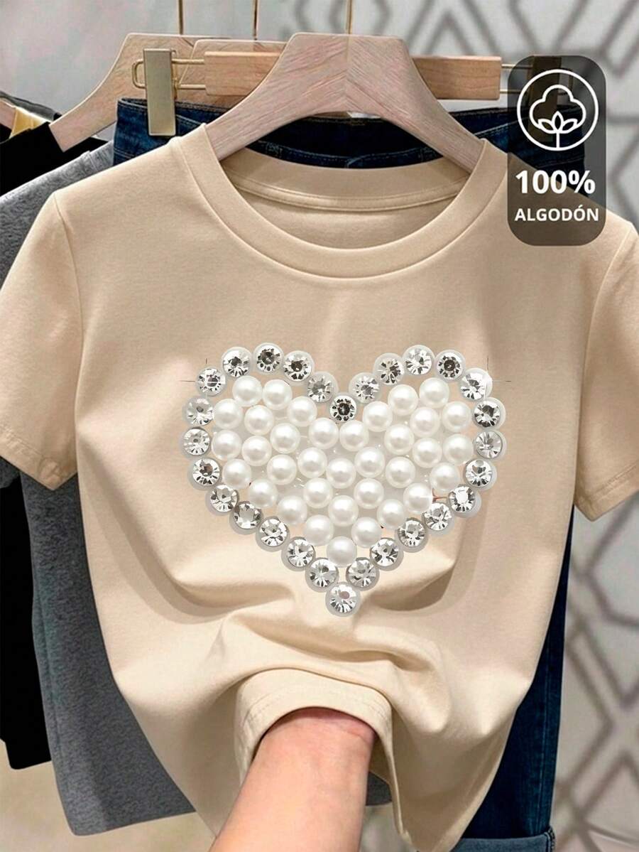 Camiseta para mujer de 100% algodón, suave y cómoda de manga corta y cuello redondo con estampado de simulación de perlas y brillos tipo diamantes en forma de corazón ideal para festividades de Febrero, mes del amor y el amigo Primavera Verano Playera holgada Regalos ideal - Hueso - Ver 1