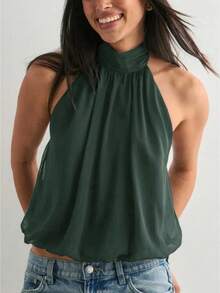 Women Cute Puffy Halterneck Top Sleeveless Open Back Tank Tops Fashion Button Neck Crop Tops Summer Y2K Loose Vest For Club Party Streetwear Going Out Outfit - Màu xanh lá cây đậm - Xem 1