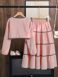 Left Mama Girls Elegant Minimalist Bow Decor Long Sleeve Top And Skirt Set, Spring/Autumn - Pink - View 3