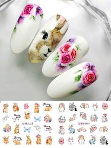 12 piezas/paquete Pegatinas de uñas con diseños de conejo de dibujos animados, conejo lindo, zanahoria, mariposa, letra, mariposa, rosa flor impresa DIY adorable Pascua vacaciones salón de uñas transferencia de agua decoraciones de arte de uñas - Multicolor - Ver 7