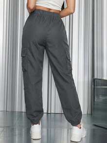 1pc Girls/Teens Loose Flap Pocket Side Drawstring Outdoor Cargo Pants, Spring/Summer/Autumn - Dark Grey - View 6