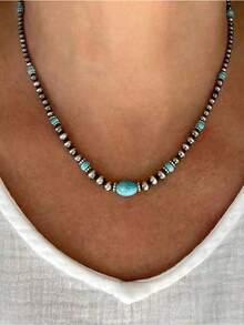 Conjunto de joyería vintage de color plata antiguo con collar de turquesa retro, aretes estilo país occidental y cuentas - Multicolor - Ver 6